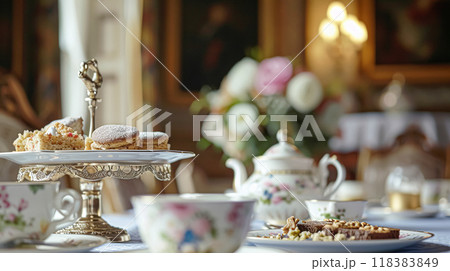 Elegant table setting for tea party with cakes and cupcakes in English manor. Selective focus. Vintage style Elegant table setting for tea party with cakes and cupcakes in English manor. Selective focus. Vintage style 118383849