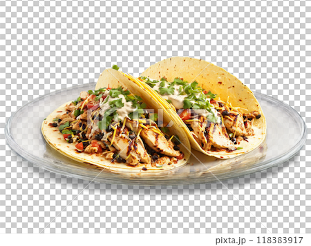 Chipotle Chicken Tacos with grilled chicken and chipotle cream served on a transparent glass dish 118383917