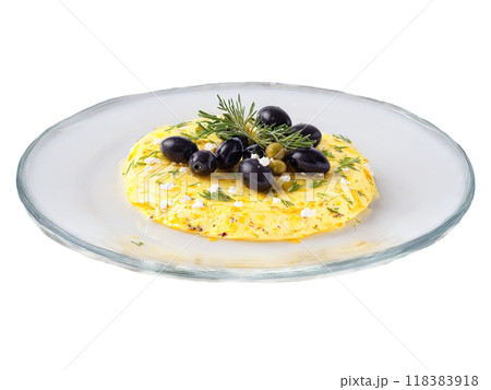 Omelette egg white with feta cheese and olives Mediterranean style on a transparent glass plate 118383918
