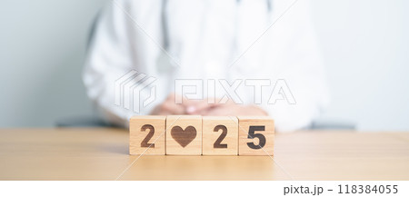 Happy New Year 2025 with doctor. health care, Insurance, donation, Wellness and medical concepts 118384055