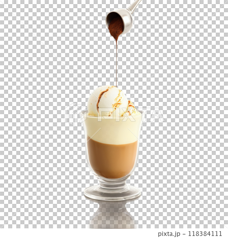 Affogato vanilla gelato scoop espresso stream pouring cocoa powder dusting isolated on transparent Food and 118384111
