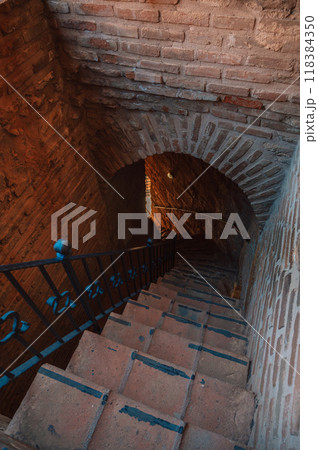 Upper part of the historical Red Tower Kizil Kule, in Alanya Castle 118384350