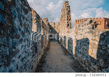 Fortress ruins of the historical Red Tower - Kizil Kule, in Alanya Castle. Fortress ruins of the historical Red Tower - Kizil Kule, in Alanya Castle. 118384351