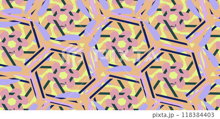 Modern vector abstract seamless geometric pattern with flowers and lines in retro scandinavian style. Pastel colored simple shapes mosaic background. Modern vector abstract seamless geometric pattern with flowers and lines in retro scandinavian style. Pastel colored simple shapes mosaic background. 118384403
