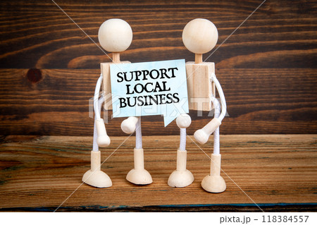 Support local business. Speech bubble with text. Miniature human figures 118384557