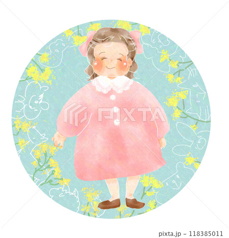 くすみピンクのワンピースを着た女の子と黄色の花 118385011