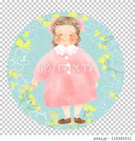 くすみピンクのワンピースを着た女の子と黄色の花 118385011