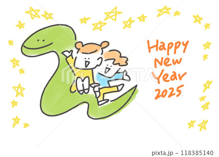 大きな蛇の背中に乗る子供たち 年賀状 令和七年 2025 手描き 線画 大きな蛇の背中に乗る子供たち 年賀状 令和七年 2025 手描き 線画 118385140