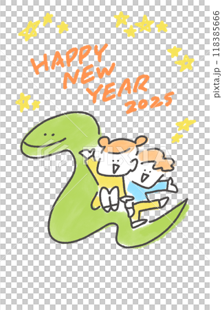Children riding on the back of a big snake New Year's card Reiwa 7 2025 Hand-drawn line drawing 118385666