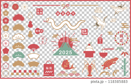 Retro modern Japanese style for New Year's, Japanese pattern icon set Vector illustration Lucky items Mt. Fuji, snake, crane, turtle Retro modern Japanese style for New Year's, Japanese pattern icon set Vector illustration Lucky items Mt. Fuji, snake, crane, turtle 118385883
