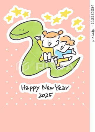 大きな蛇の背中に乗る子供たち　年賀状　令和七年　2025　手描き　線画 118385884
