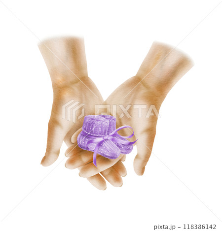A woman's hands held with love and tenderness a pair of knitted socks in purple color and purple silk ribbon in a bow.Baby booties for newborn baby's feet.watercolor clip art on transparent background 118386142
