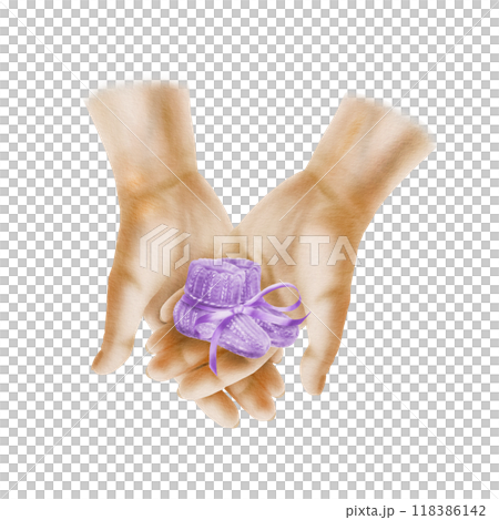 A woman's hands held with love and tenderness a pair of knitted socks in purple color and purple silk ribbon in a bow.Baby booties for newborn baby's feet.watercolor clip art on transparent background 118386142