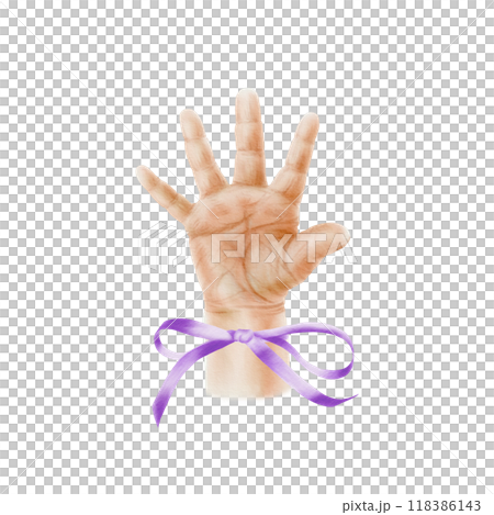 Open small palm of a newborn baby with purple ribbon as a symbol of World Prematurity Day, new life, birth,motherhood,family and love. Watercolor illustration isolated transparent background 118386143
