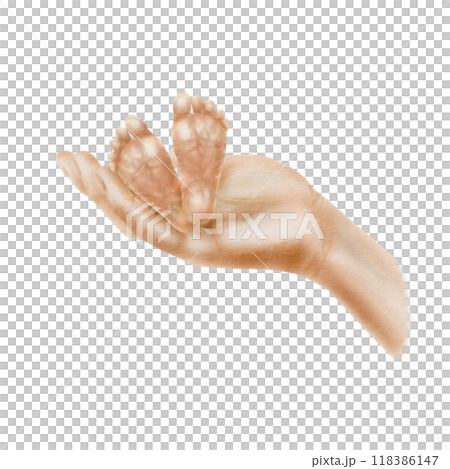 A parent's hand gently, lovingly holds the legs of his newborn premature baby with wrinkles on the feet. Watercolor clipart in soft colors. Isolated illustration on transparent background A parent's hand gently, lovingly holds the legs of his newborn premature baby with wrinkles on the feet. Watercolor clipart in soft colors. Isolated illustration on transparent background 118386147