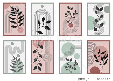Zen arch poster set with botanical element, simple line arch shapes, and leavs. Geometric Japanese zen pattern minimal elements. Boho style strips, 118386537