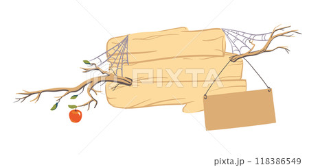 Wooden sign. Cartoon village banner, road wayfinding board, direction signs, information tablet. Vector illustration. Wooden sign. Cartoon village banner, road wayfinding board, direction signs, information tablet. Vector illustration. 118386549
