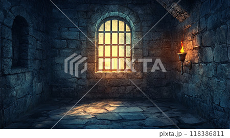 中世風の石造りの部屋と窓 118386811