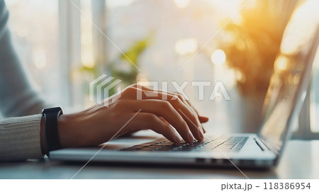 仕事に集中するタイピングの手 118386954