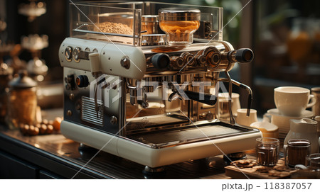 Coffee machine hums as it expertly brews espresso showcasing the efficiency of the coffee machine. Rich aroma emanates as the coffee machine fills the air with the scent of fresh coffee 118387057