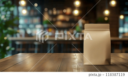木製テーブルに乗せた茶色の食品用ジップ袋のモックアップとカフェ背景をリアルに描いたAI生成画像 木製テーブルに乗せた茶色の食品用ジップ袋のモックアップとカフェ背景をリアルに描いたAI生成画像 118387119