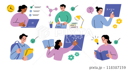 Education vector illustration set with students studying, reading, solving math problems, using laptops. Flat cartoon style, perfect for school, academic, or learning process designs and concepts Education vector illustration set with students studying, reading, solving math problems, using laptops. Flat cartoon style, perfect for school, academic, or learning process designs and concepts 118387159