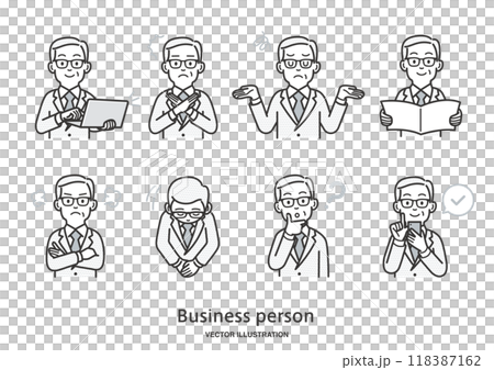 Illustration set of facial expressions and gestures of an elderly male office worker 118387162