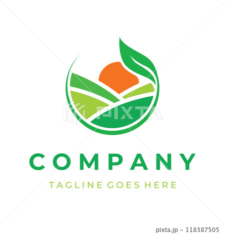 Green landscape logo creative template design with farmland or plantations and hills.Logo for natural and agricultural products. 118387505