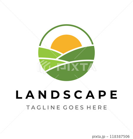 Green landscape logo creative template design with farmland or plantations and hills.Logo for natural and agricultural products. 118387506