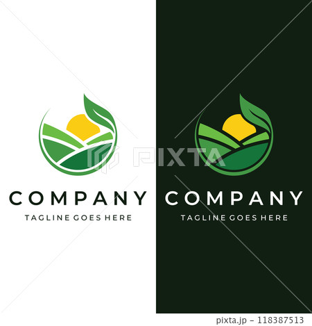 Green landscape logo creative template design with farmland or plantations and hills.Logo for natural and agricultural products. 118387513