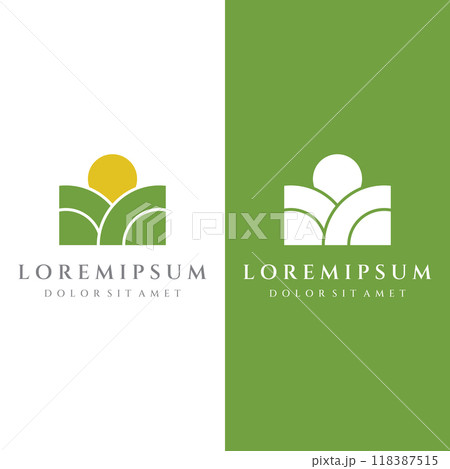 Green landscape logo creative template design with farmland or plantations and hills.Logo for natural and agricultural products. 118387515