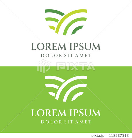 Green landscape logo creative template design with farmland or plantations and hills.Logo for natural and agricultural products. 118387518