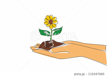 Single continuous line drawing two hands holding a mound of soil with flowering plants. Showing concern for the environment. Greening. National Plant a Flower Day. One line design vector illustration Single continuous line drawing two hands holding a mound of soil with flowering plants. Showing concern for the environment. Greening. National Plant a Flower Day. One line design vector illustration 118387880