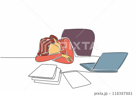 Single one line drawing businesswoman sits and falls asleep at the office desk. Overwork. Depression. Stress. Fatigue. Exhausted. National Napping Day. Continuous line design graphic illustration 118387881