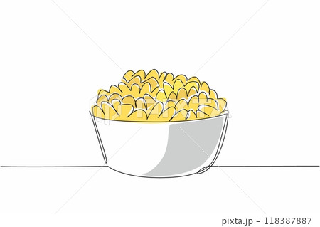 Continuous one line drawing stack cheese puffs in a small bowl. Crispy snack. Contains a lot of sodium. Not good for toddlers. National Cheese Doodle Day. Single line draw design vector illustration 118387887