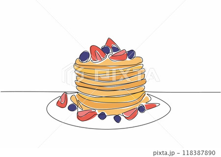 Single continuous line drawing serve the delicious pancakes on a plate with blueberry and strawberry toppings. Soft and sweet crepe snack. National Flapjack Day. One line design vector illustration Single continuous line drawing serve the delicious pancakes on a plate with blueberry and strawberry toppings. Soft and sweet crepe snack. National Flapjack Day. One line design vector illustration 118387890