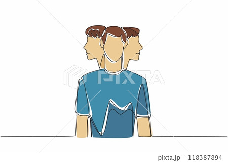 Single continuous line drawing a man facing forward with two heads behind him looking right and left. Personality anxiety. Unhealthy. Multiple Personality Day. One line design vector illustration 118387894