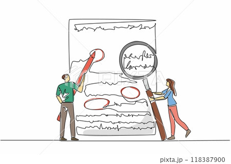 Single one line drawing man standing holding a big pen, woman holding a big magnifying glass. Marking mistakes in paper test. Edit. National Grammar Day. Continuous line design graphic illustration Single one line drawing man standing holding a big pen, woman holding a big magnifying glass. Marking mistakes in paper test. Edit. National Grammar Day. Continuous line design graphic illustration 118387900