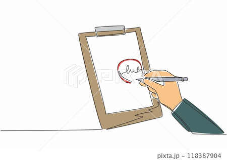 Single continuous line drawing hands circling the writing on the paper attached to the clipboard. Found errors in writing grammar answers. National Grammar Day. One line design vector illustration 118387904