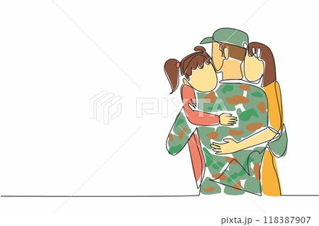 Single one line drawing a soldier hugs his wife and daughter. Welcomed with warmth. Reuniting with loved ones. Off duty. Holiday. National Hug a G.I. Day. Continuous line design graphic illustration Single one line drawing a soldier hugs his wife and daughter. Welcomed with warmth. Reuniting with loved ones. Off duty. Holiday. National Hug a G.I. Day. Continuous line design graphic illustration 118387907