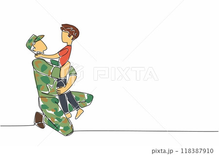 Continuous one line drawing a boy hugs his soldier father with army hat. Kneel. Stare intently with love. Releasing longing. National Hug a G.I. Day. Single line draw design vector illustration Continuous one line drawing a boy hugs his soldier father with army hat. Kneel. Stare intently with love. Releasing longing. National Hug a G.I. Day. Single line draw design vector illustration 118387910