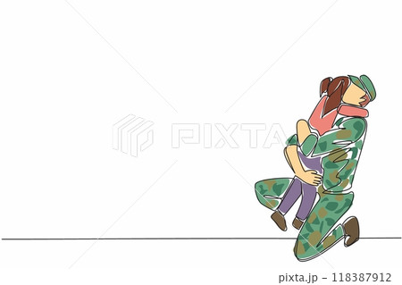 Single continuous line drawing a soldier is warmly welcomed by his daughter when returns home from duty. Kneeling. Smiling. Warm hugging. National Hug a G.I. Day. One line design vector illustration Single continuous line drawing a soldier is warmly welcomed by his daughter when returns home from duty. Kneeling. Smiling. Warm hugging. National Hug a G.I. Day. One line design vector illustration 118387912