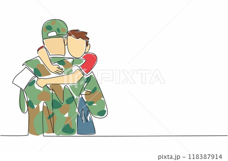 Single continuous line drawing a boy holding a flag hugs his soldier father tightly. Missing the presence of a father figure. Holiday. National Hug a G.I. Day. One line design vector illustration 118387914