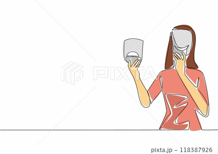 Continuous one line drawing woman holding and wearing masks with different feelings. Two personalities in one body. Mood swing concept. Camouflage. Disease. Single line draw design vector illustration 118387926