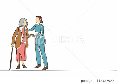 Single one line drawing the female caregiver patiently helps the old grandmother walk. Long stick as a walking aid. Responsible. Caregiver Appreciation Day. Continuous line design graphic illustration Single one line drawing the female caregiver patiently helps the old grandmother walk. Long stick as a walking aid. Responsible. Caregiver Appreciation Day. Continuous line design graphic illustration 118387927