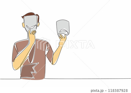 Single continuous line drawing man holding and wearing happy mask on the other side is sad mask. Jaunty. Bipolar. Feeling of always wanting to be happy. Camouflage. One line design vector illustration 118387928