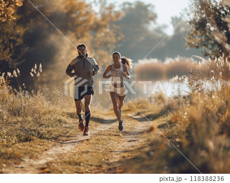 couple running in the autumn park 118388236