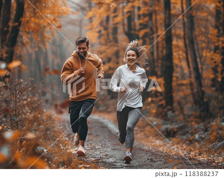 couple running in the autumn park 118388237