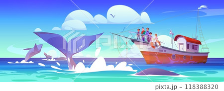 Men and teens on sail boat in sea watching whales 118388320
