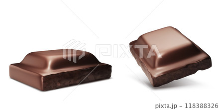 Chocolate bar square piece lying and flying. Chocolate bar square piece lying and flying. 118388326